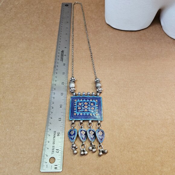 Vintage Ethnic Tribal Necklace with Striking Blue Floral Design Enamel Pendant - Picture 9 of 14